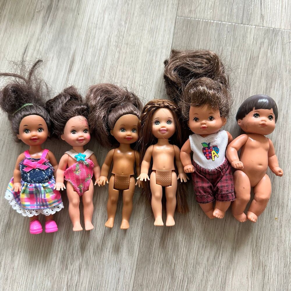 Lot of 6 Vintage Barbie Lil Sister Kelly Dolls Heart Family - Brunettes